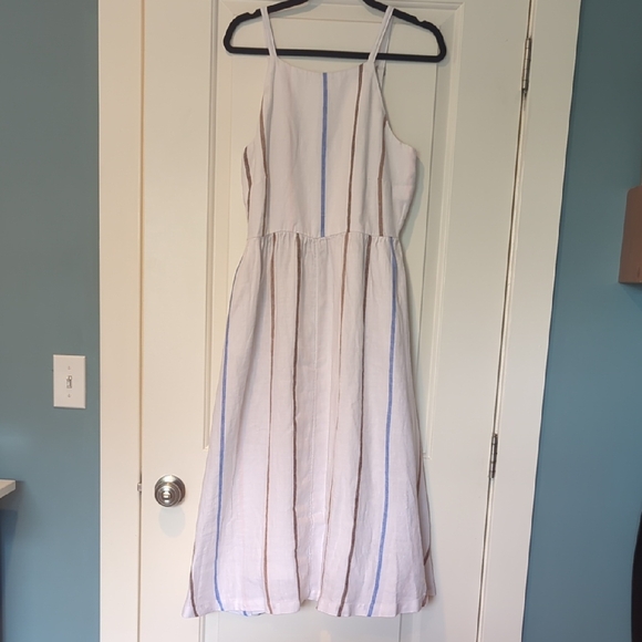 Lands' End Linen White Dress with Blue and Brown Stripes - Picture 1 of 4